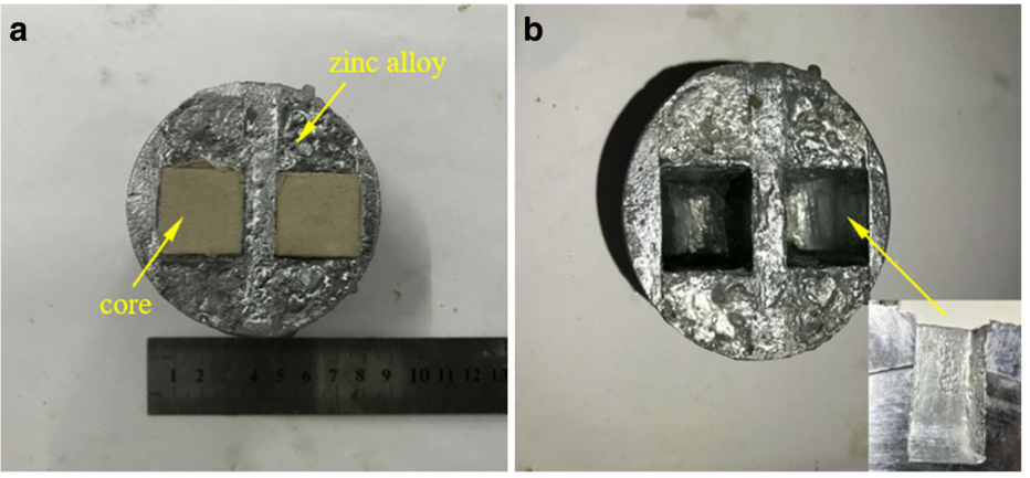 Fig. 8 The water-soluble cleaning pictures of the zinc alloy casting fabricated by gravitypouring process in the laboratory. a Before and b after water-soluble cleaning
